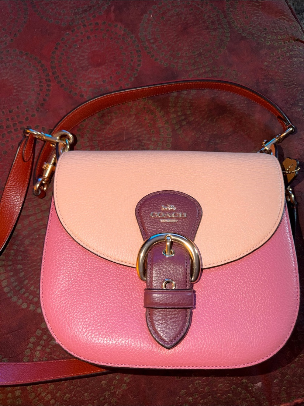 Coach Pink, Cream & Burgundy Leather Crossbody Saddle Bag